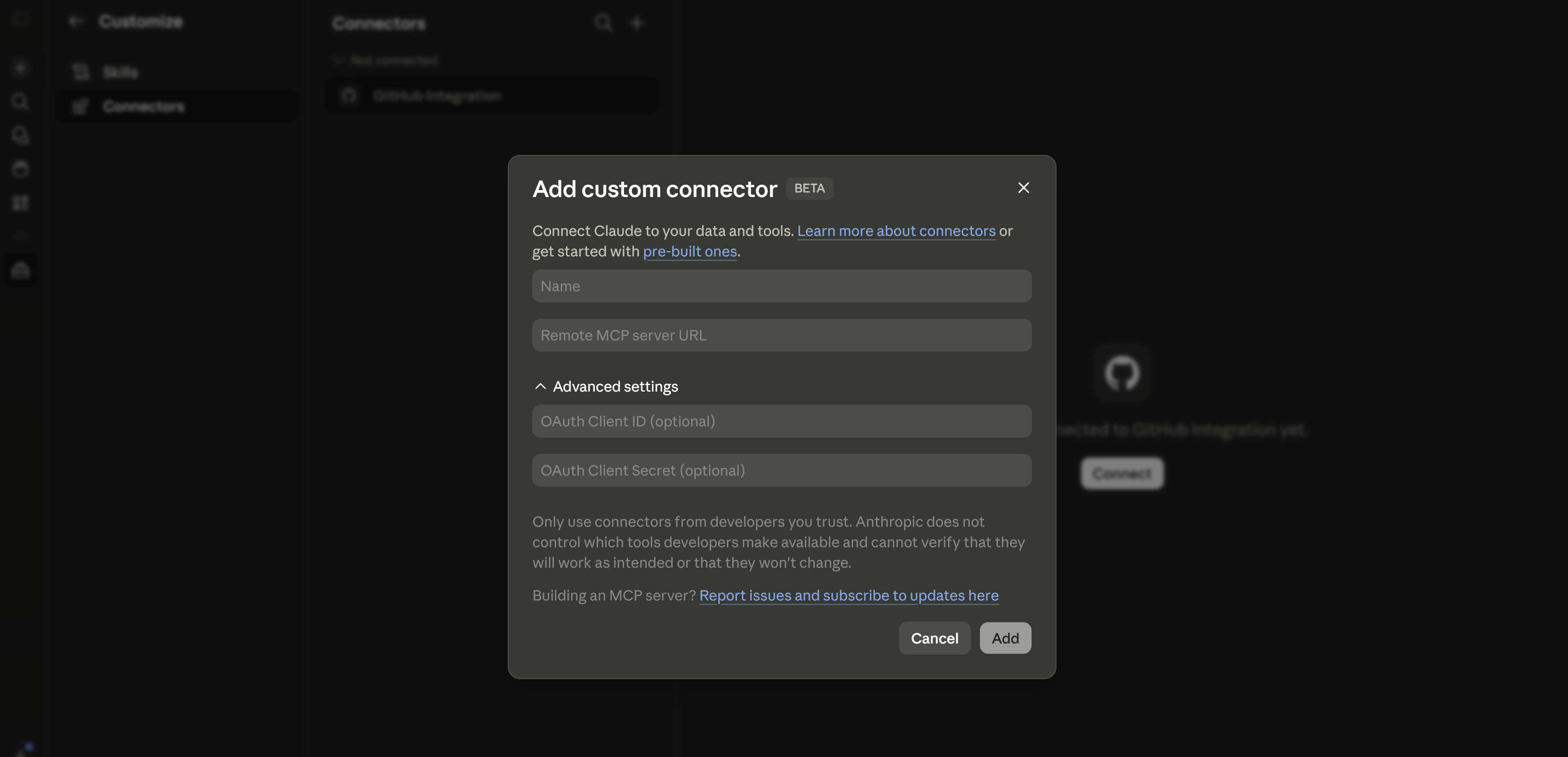 Add custom connector modal showing fields for Name, Remote MCP server URL, OAuth Client ID and Secret
