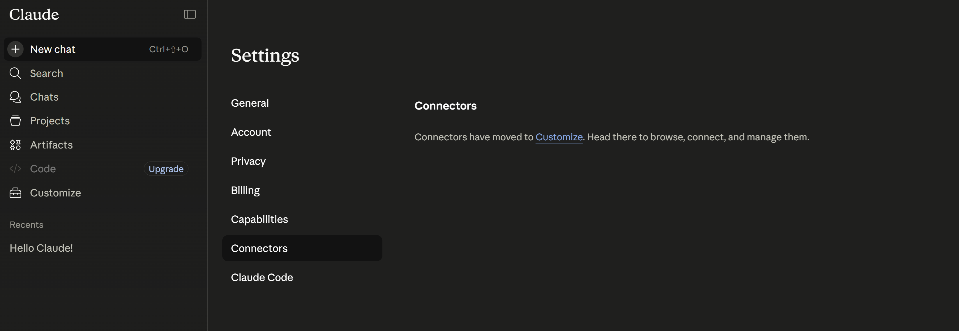 Claude.ai Settings page showing Connectors section with link to Customize