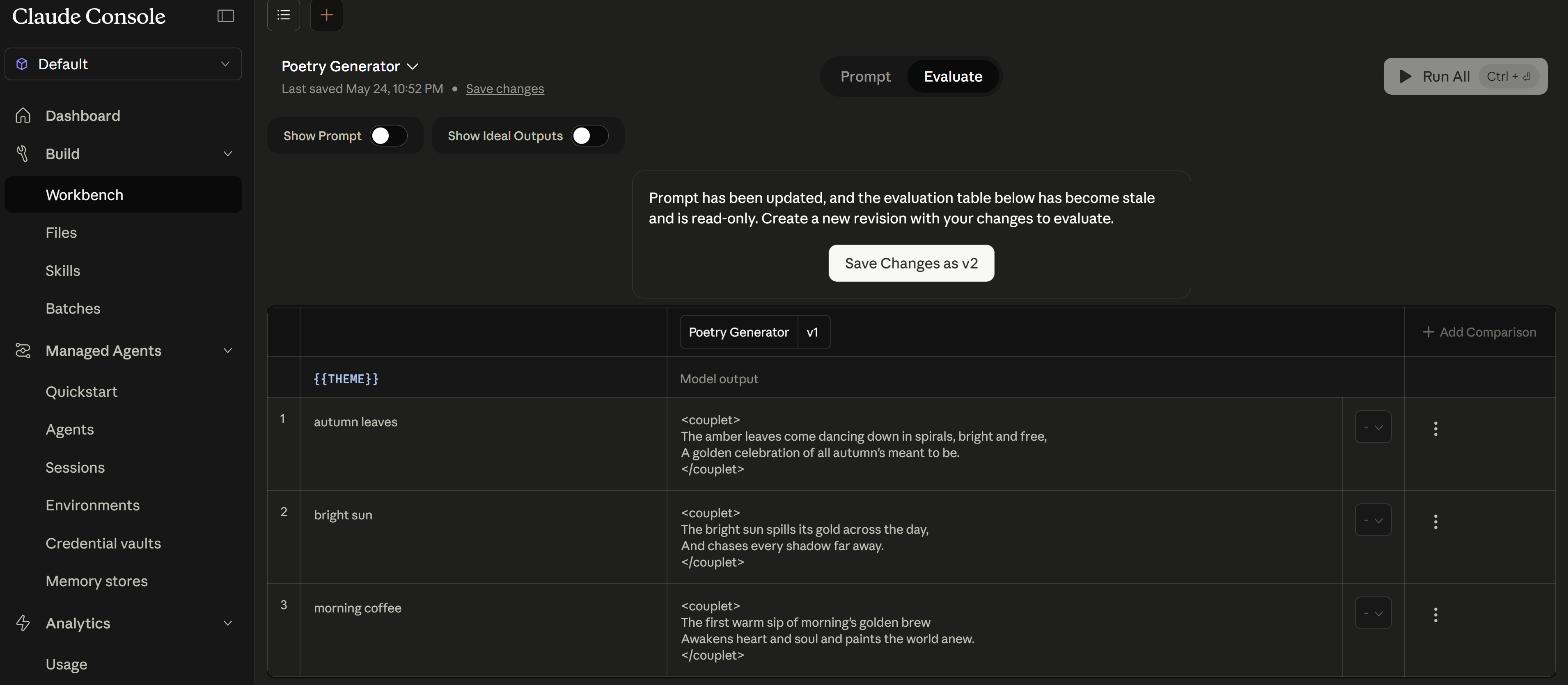 Claude Console Evaluate tab showing test cases with different theme inputs and their model outputs