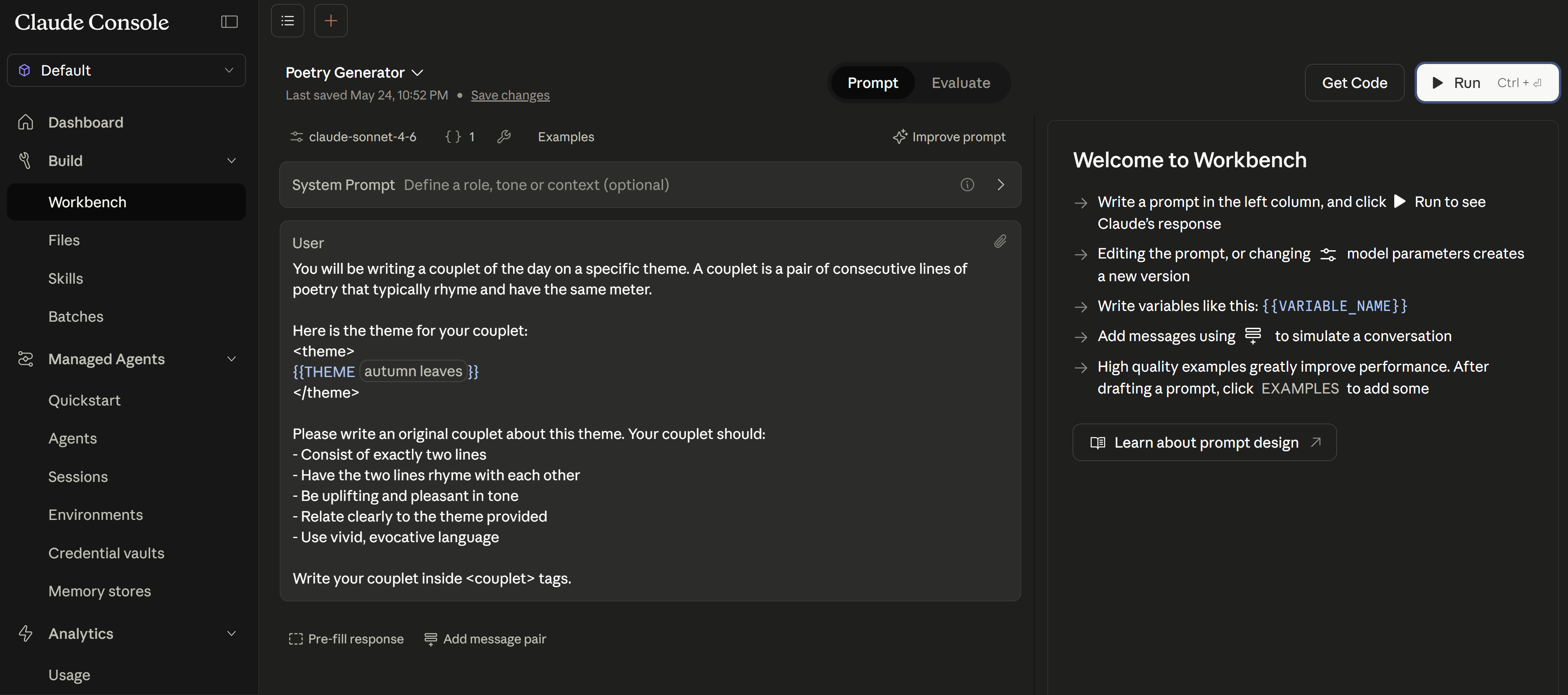 Claude Console Workbench Prompt tab showing a Poetry Generator with template variables and Claude's response