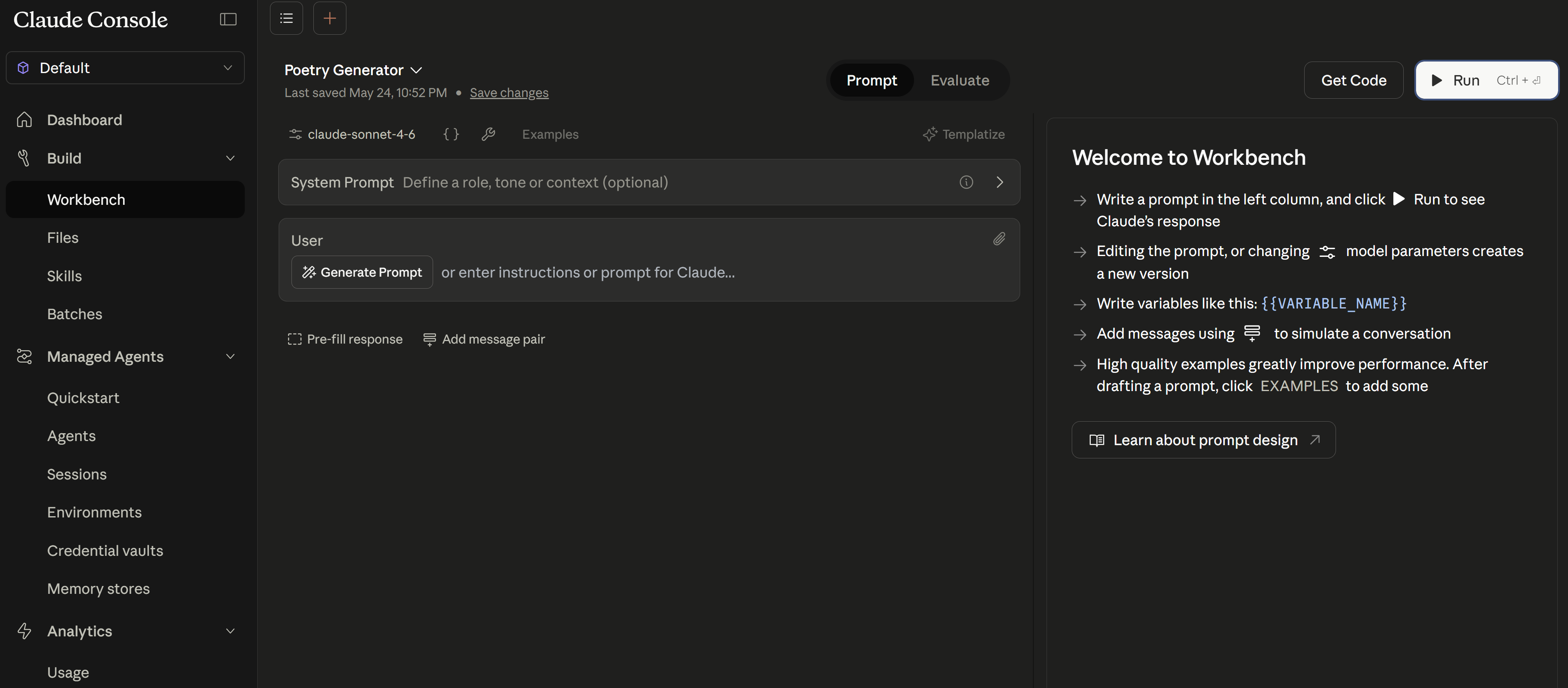 Claude Console Workbench welcome screen showing the prompt editor interface with instructions for getting started