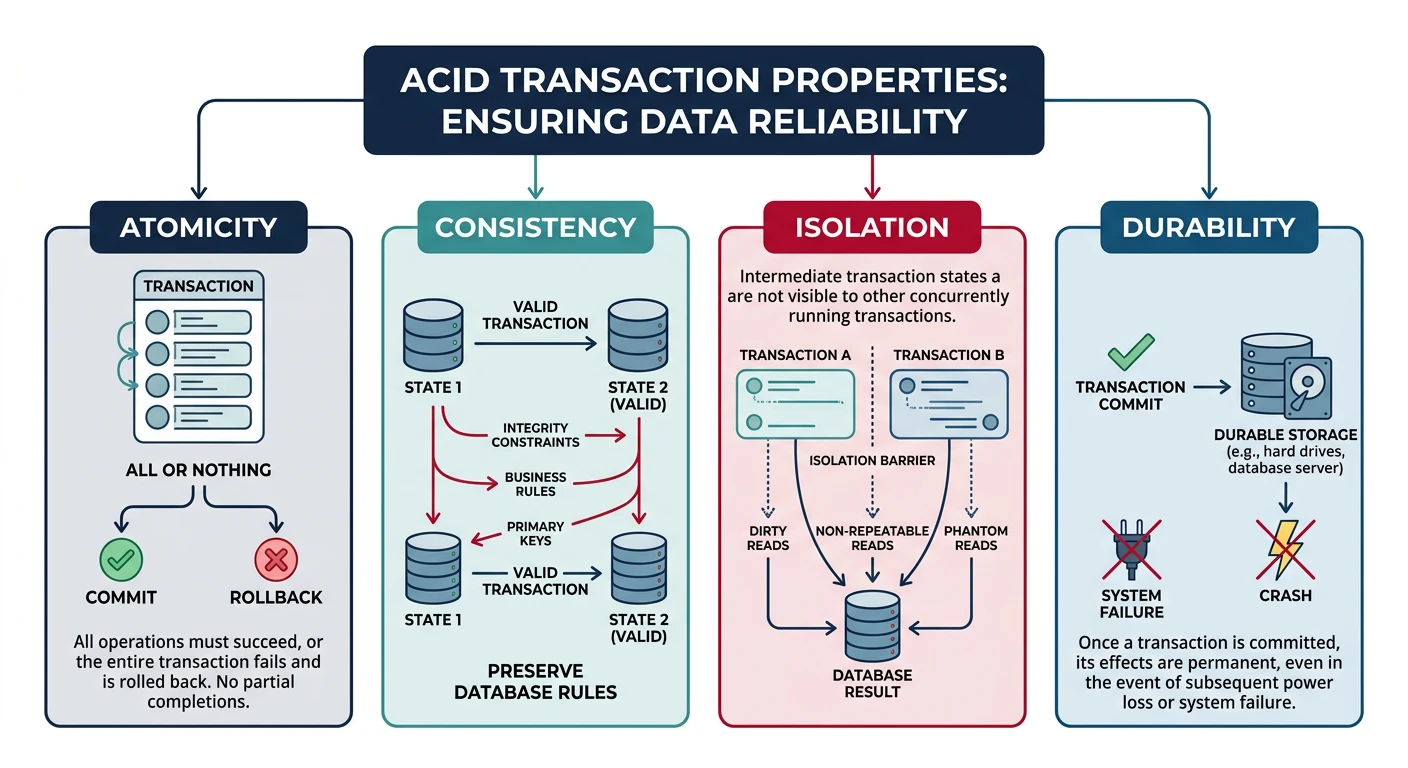 ACID transaction properties diagram showing atomicity, consistency, isolation, and durability guarantees