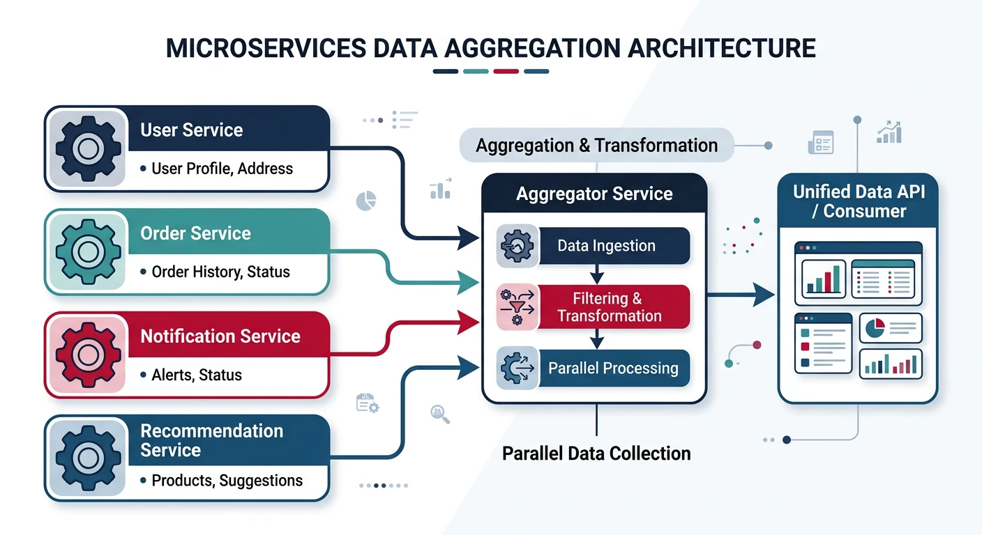 Aggregator service collecting data from user, order, notification, and recommendation services in parallel