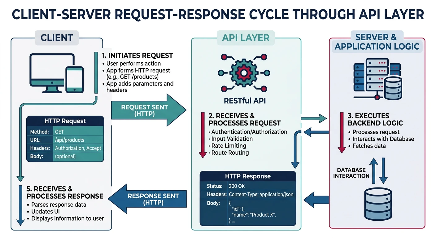 Diagram showing the client-server request-response cycle through an API layer