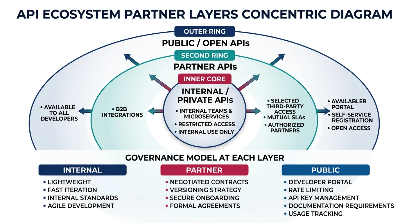 API ecosystem layers showing partners, ISVs, and developer community