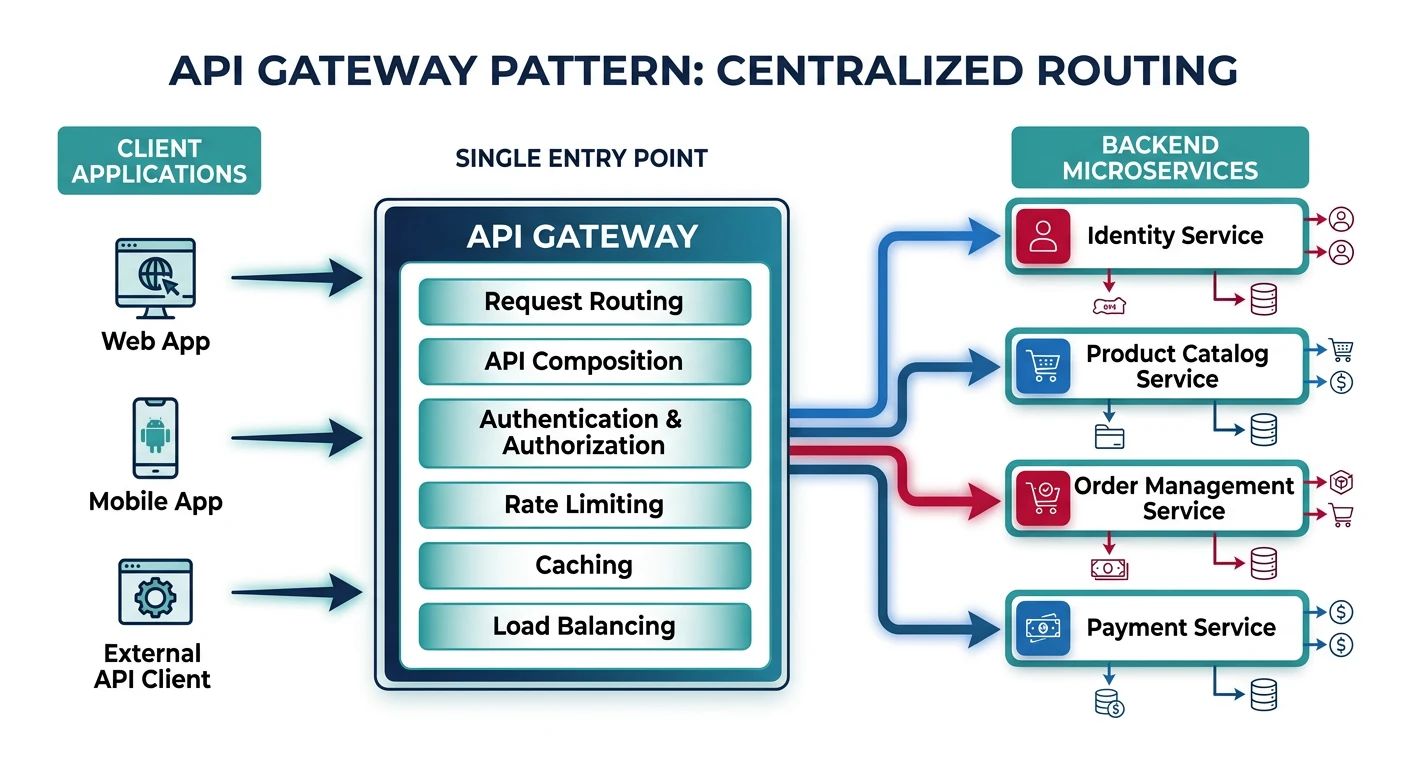 API Gateway pattern showing single entry point routing requests to multiple backend microservices