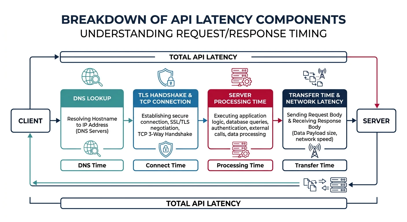 API latency components breakdown showing DNS, TLS, processing, and transfer times