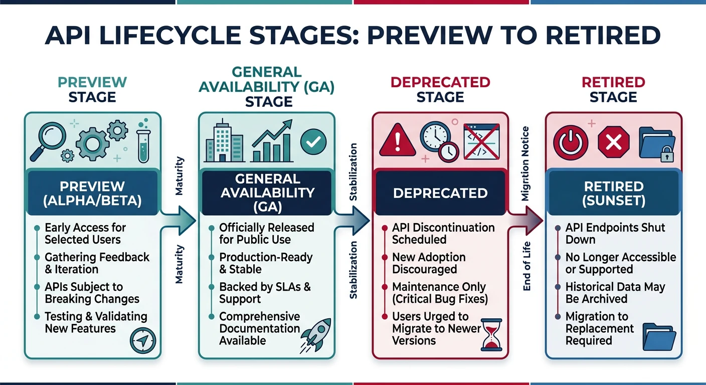API lifecycle stages from preview to GA to deprecated to retired