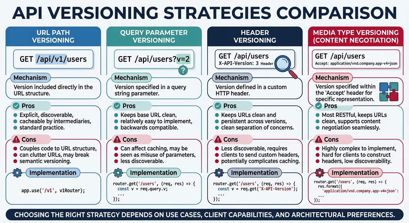 API versioning strategies comparison: URL path, query parameter, header, and media type