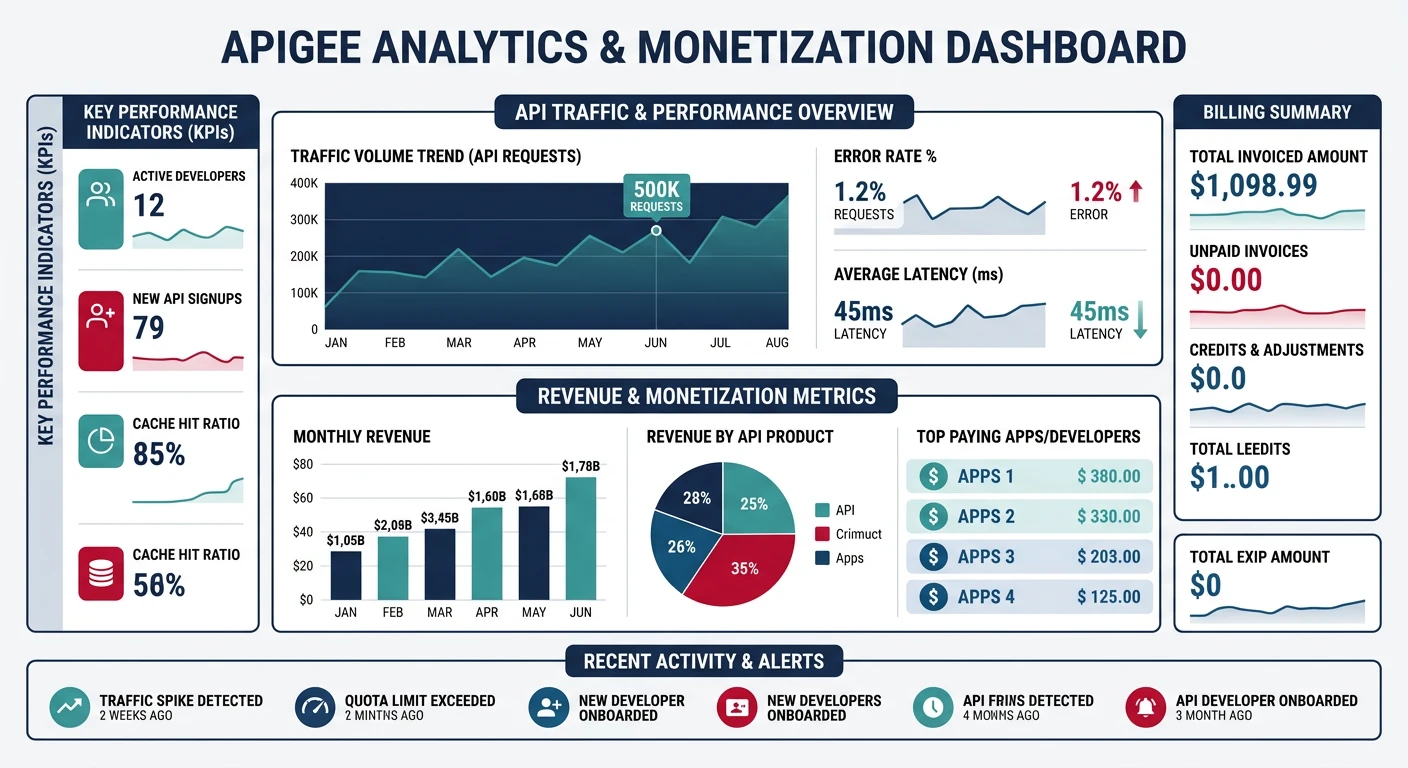 Apigee analytics and monetization dashboard with traffic and revenue metrics