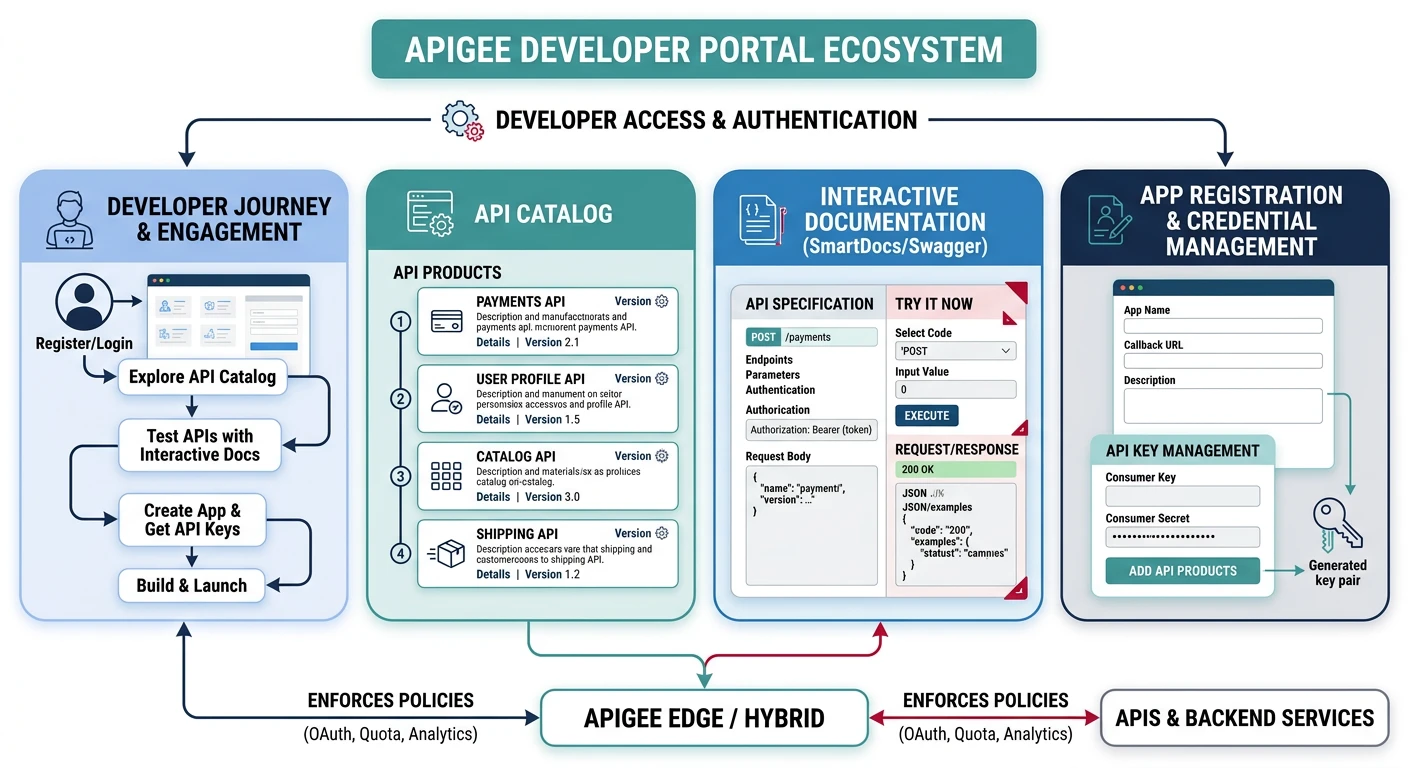 Apigee developer portal with API catalog, interactive docs, and app registration