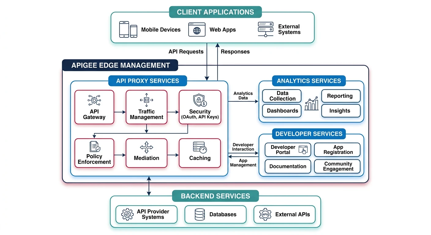 Apigee platform architecture showing API proxy, analytics, and developer services