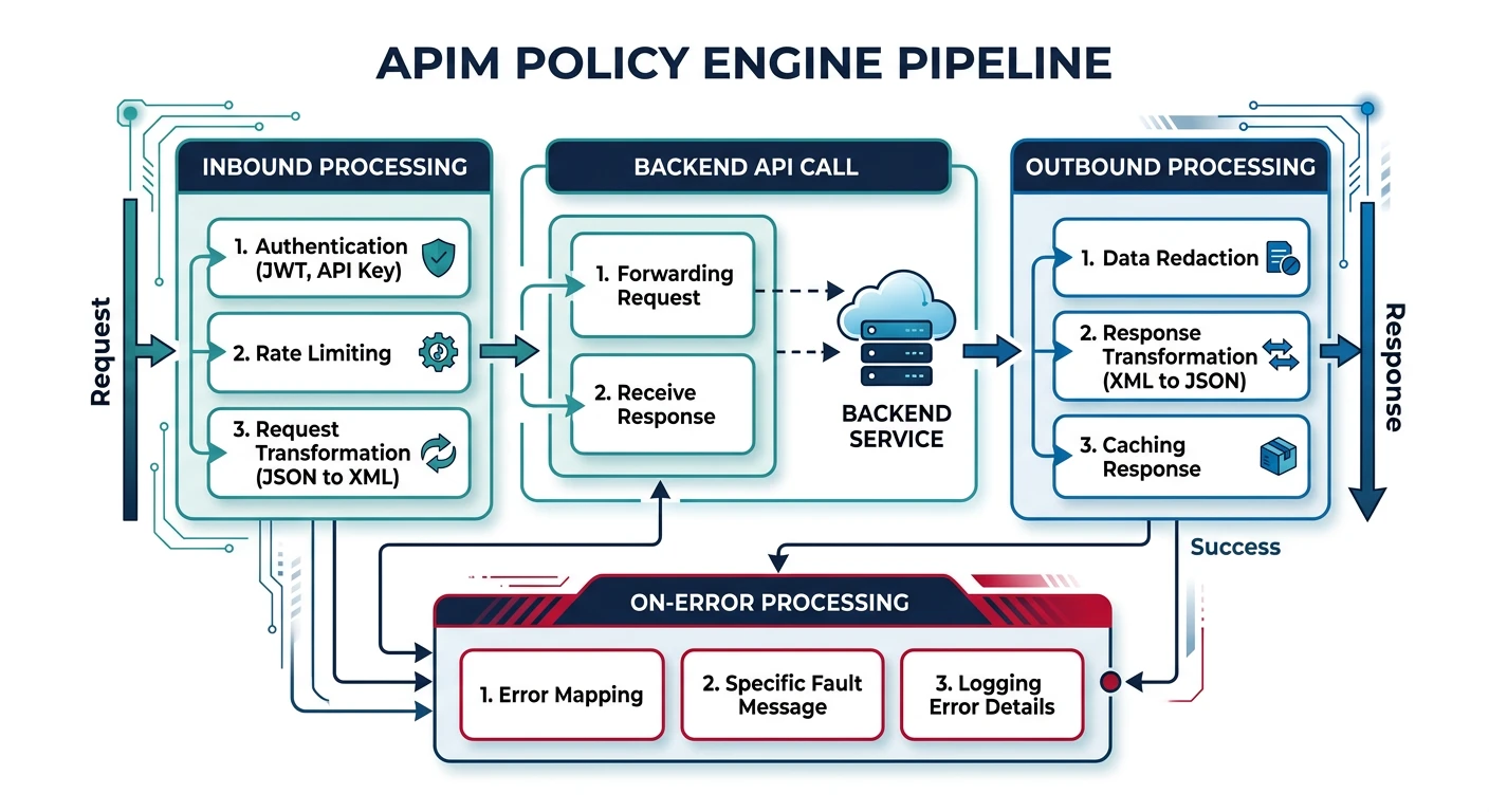 APIM policy engine pipeline showing inbound, backend, outbound, and on-error stages