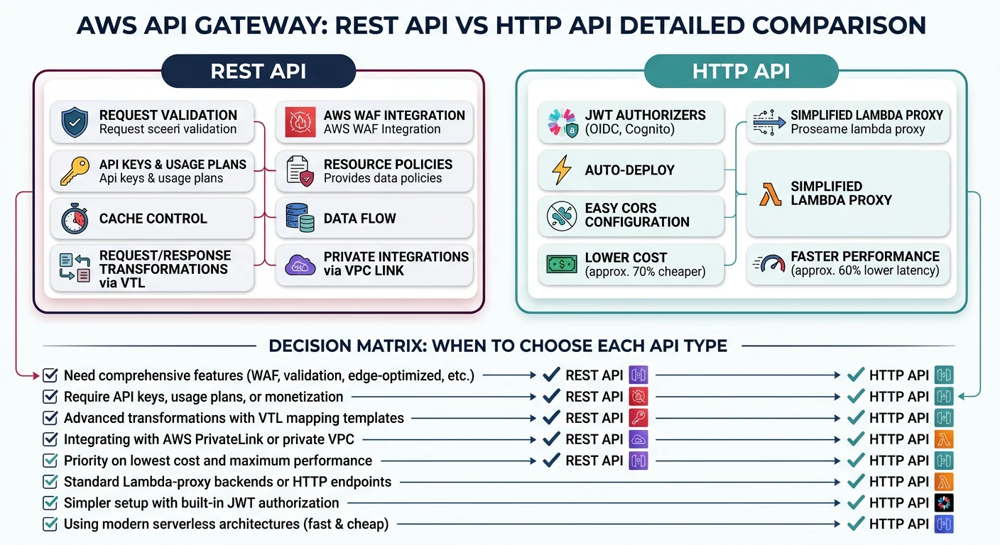 AWS API Gateway REST API vs HTTP API feature comparison