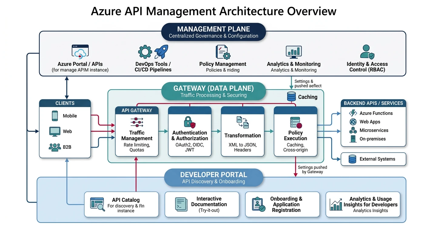Azure API Management architecture with gateway, developer portal, and management plane