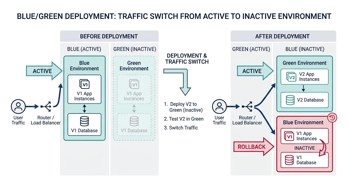 Blue/green deployment showing traffic switch from active to inactive environment