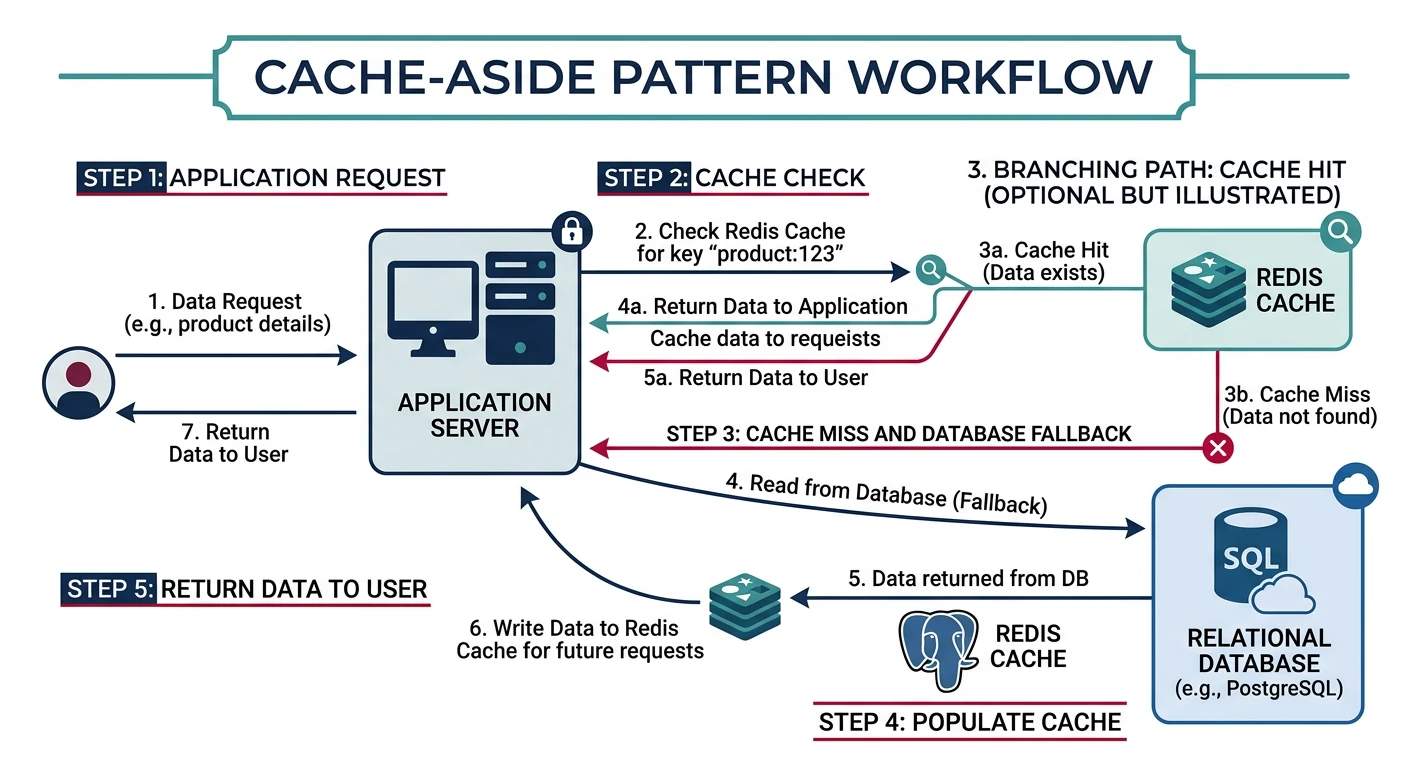 Cache-aside pattern workflow showing cache check, database fallback, and cache population with Redis