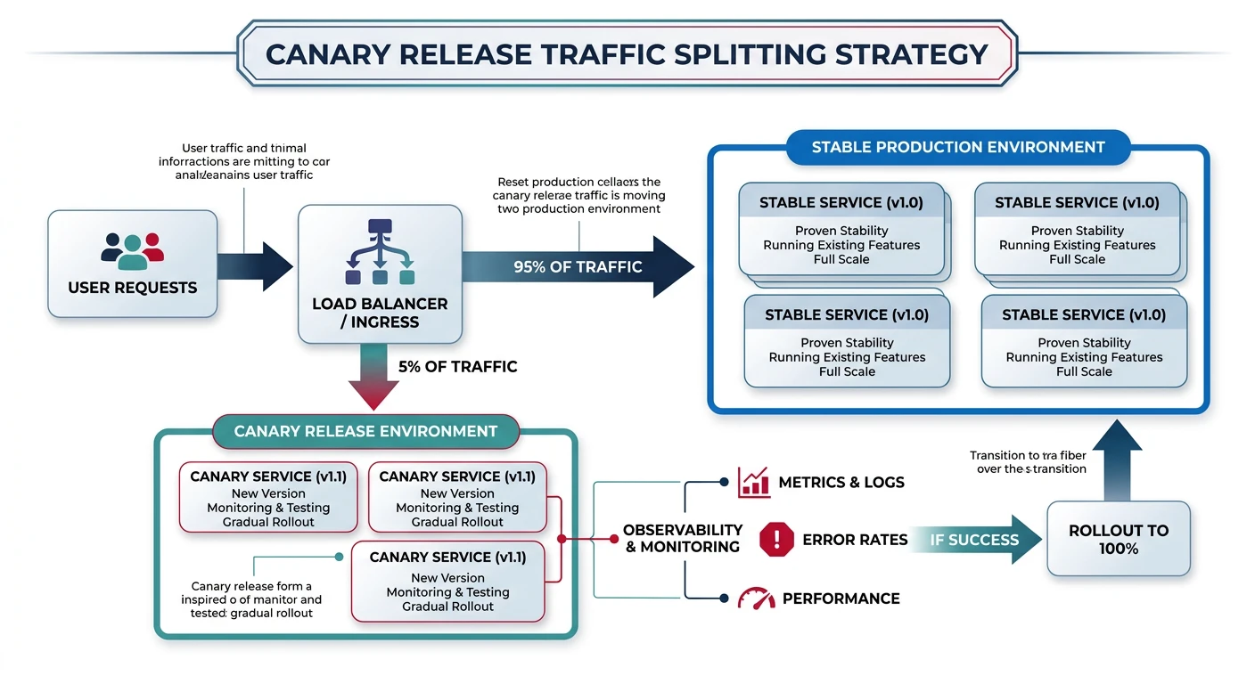 Canary release traffic splitting with 95% stable and 5% canary