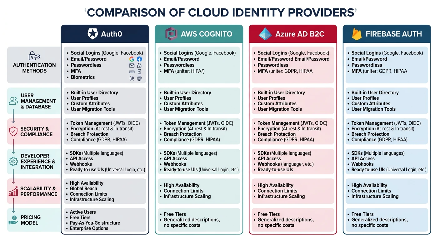 Comparison of cloud identity providers including Auth0, AWS Cognito, Azure AD B2C, and Firebase Auth