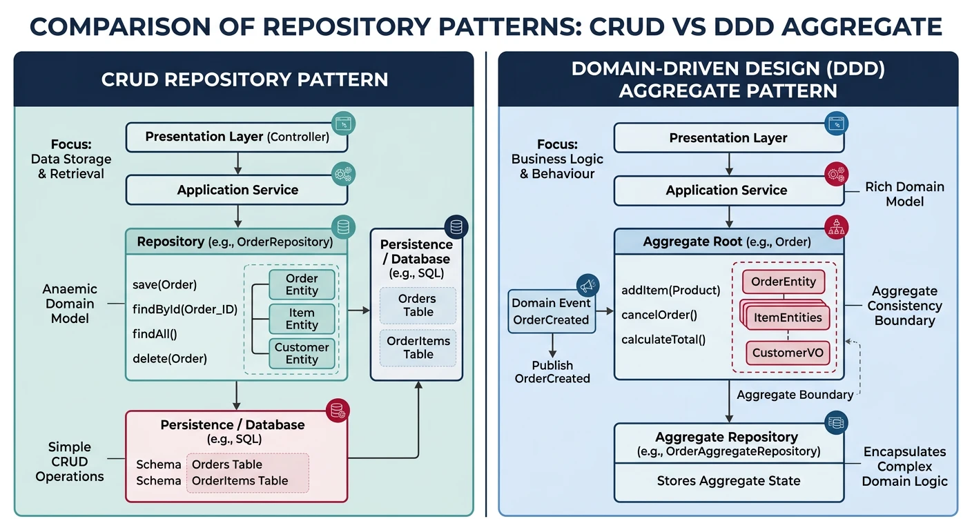 Comparison of CRUD repository pattern vs Domain-Driven Design aggregate pattern