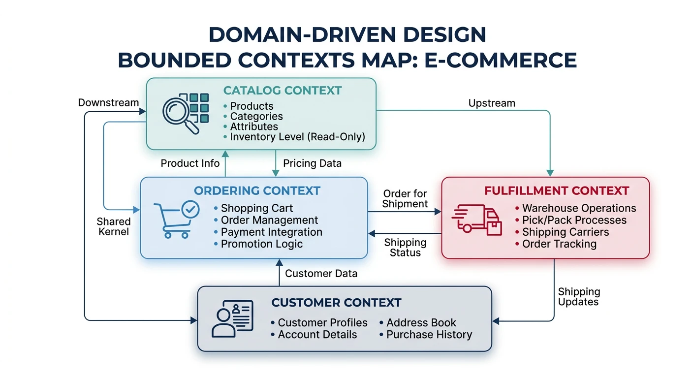 Domain-Driven Design bounded contexts map for e-commerce showing catalog, ordering, fulfillment, and customer domains