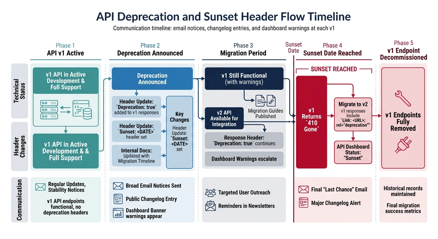 API deprecation timeline with sunset headers and migration workflow