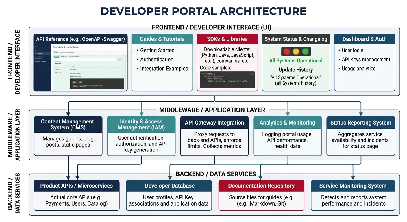 Developer portal architecture with API reference, guides, SDKs, and status components
