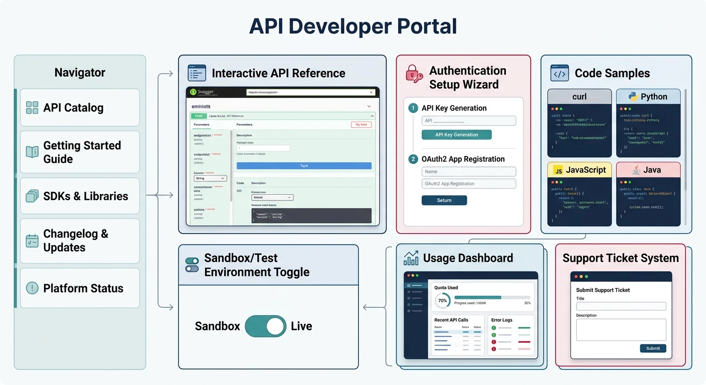 Developer portal layout showing key components and navigation