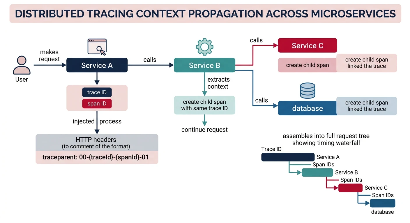 Distributed tracing context propagation across microservices