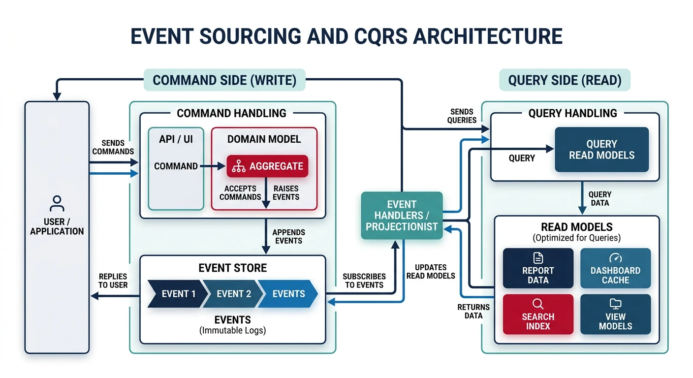 Event Sourcing and CQRS architecture showing event store, read models, and command/query separation