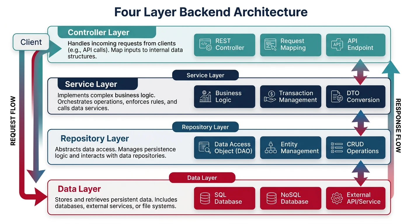 Four-layer backend architecture diagram showing controller, service, repository, and data layers