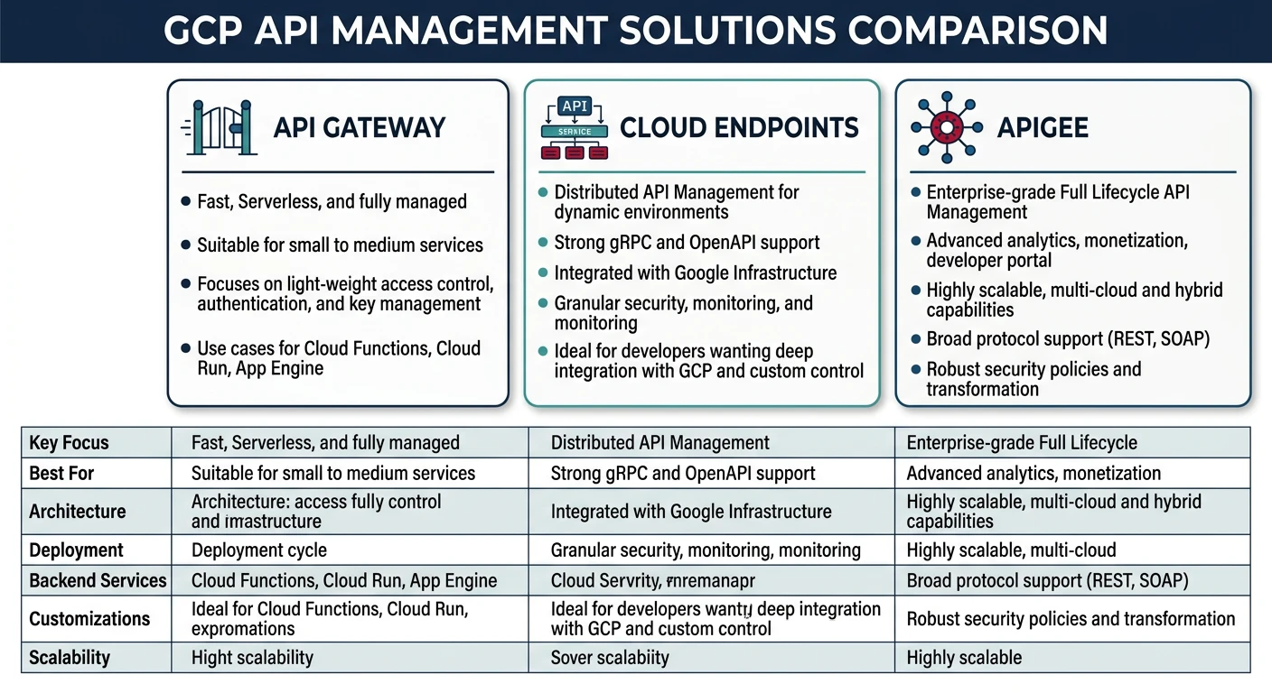 GCP API management solutions comparison: API Gateway, Cloud Endpoints, and Apigee
