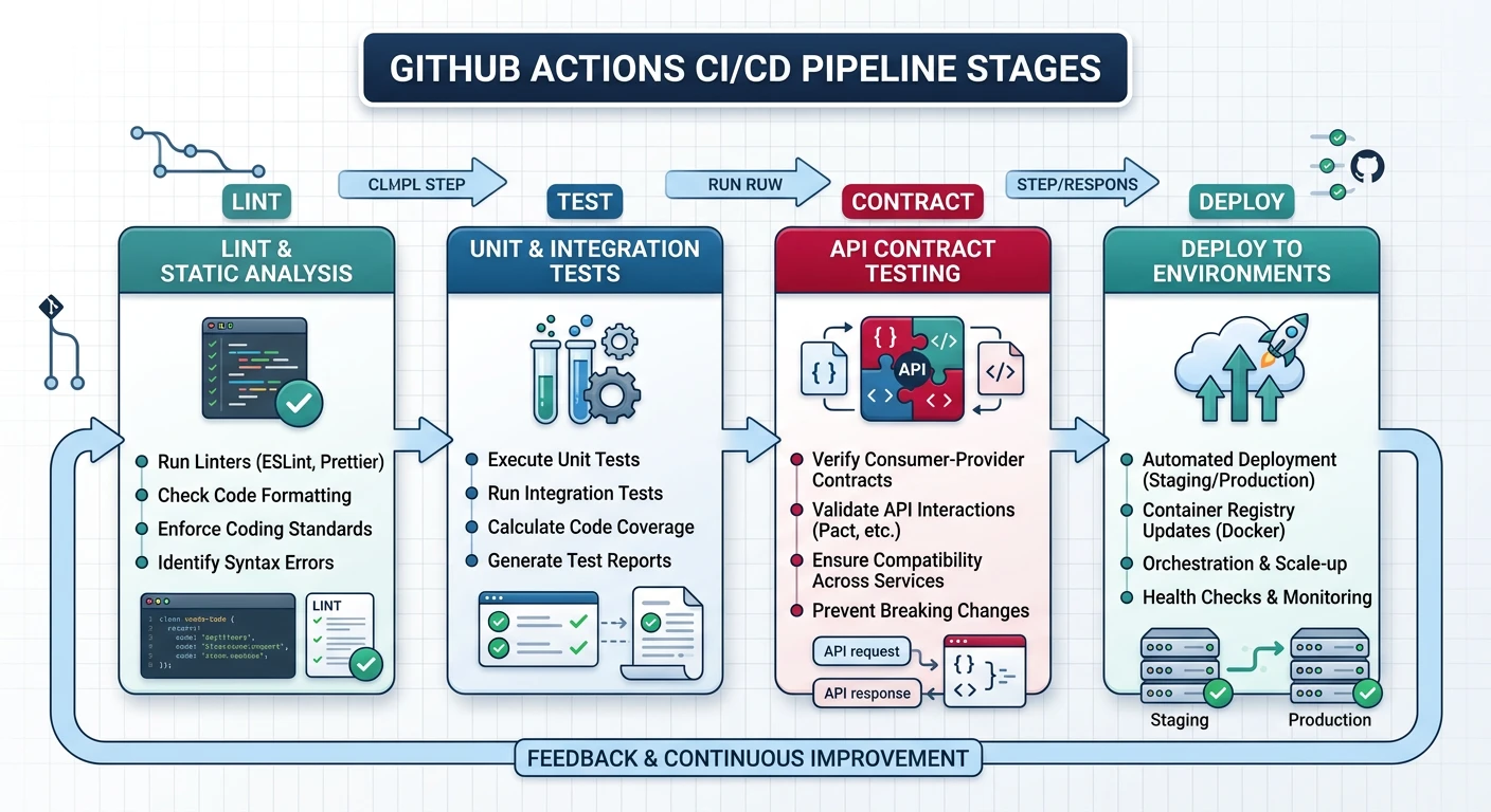 GitHub Actions CI/CD pipeline stages: lint, test, contract test, and deploy