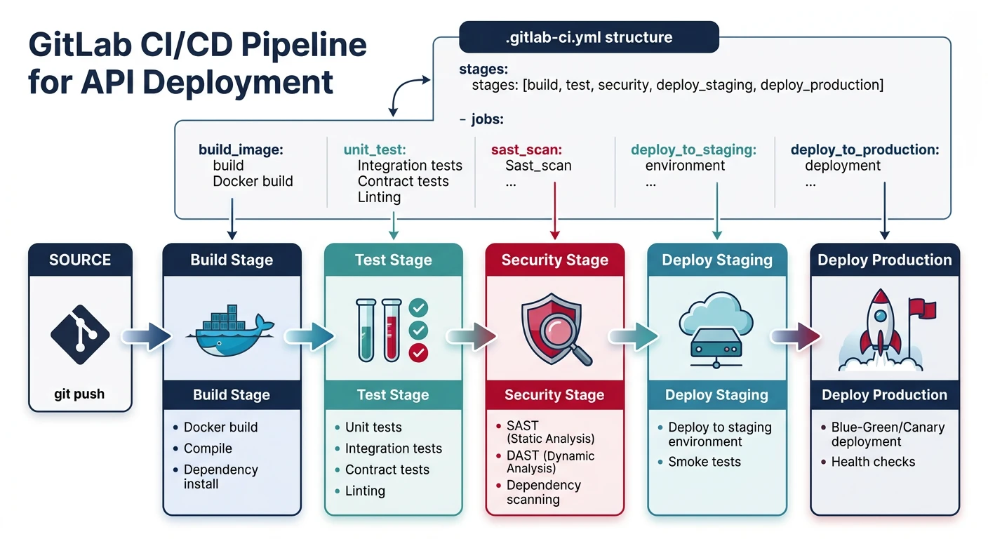 GitLab CI/CD pipeline stages: validate, test, build, and deploy