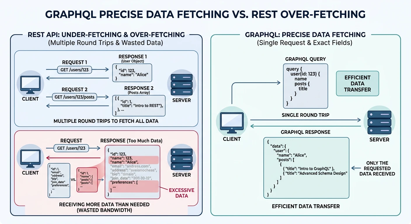 GraphQL query language compared to REST showing precise data fetching vs over-fetching