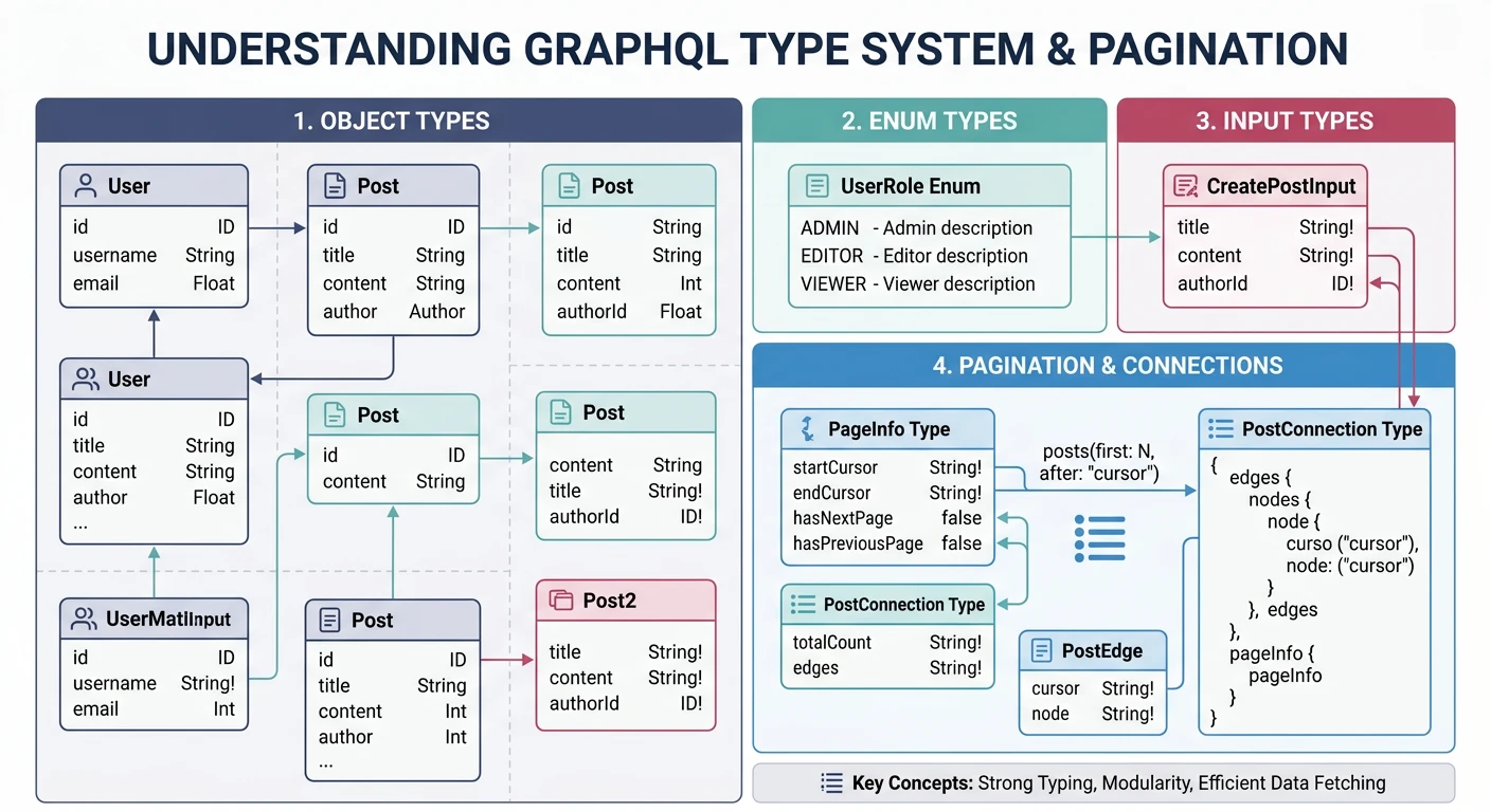 GraphQL type system showing object types, enums, input types, and connection-based pagination