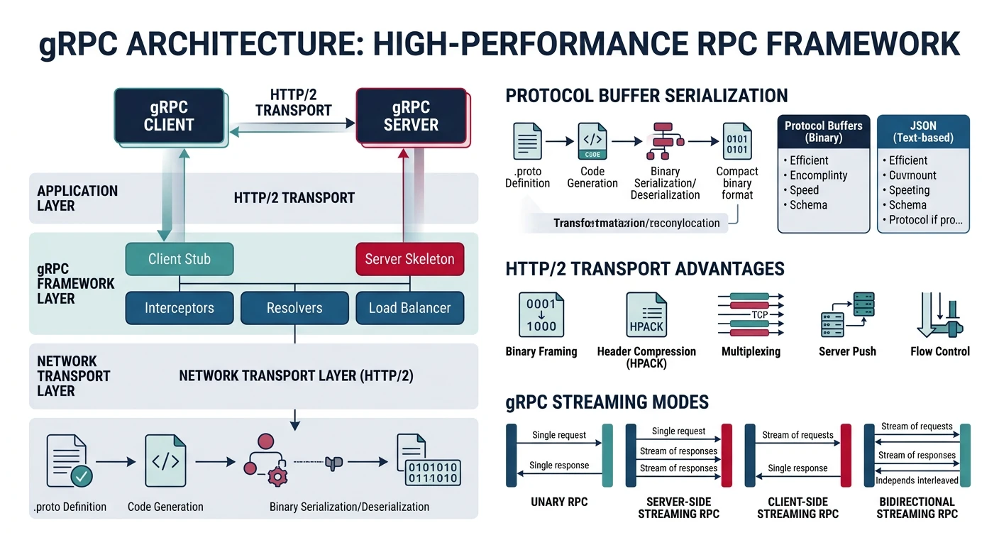 gRPC architecture showing HTTP/2 transport, binary Protocol Buffer serialization, and streaming modes