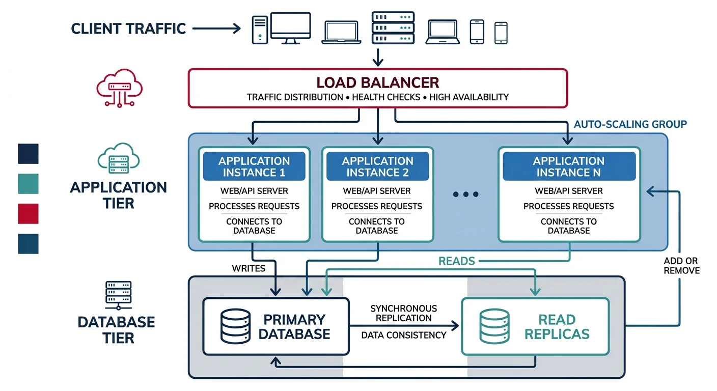 Horizontal scaling architecture with load balancer distributing traffic across instances