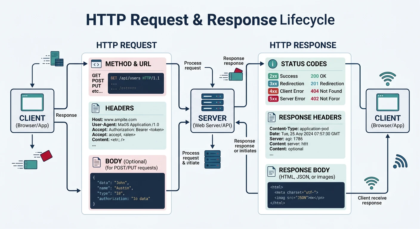 HTTP request lifecycle showing method, headers, body, and response status codes