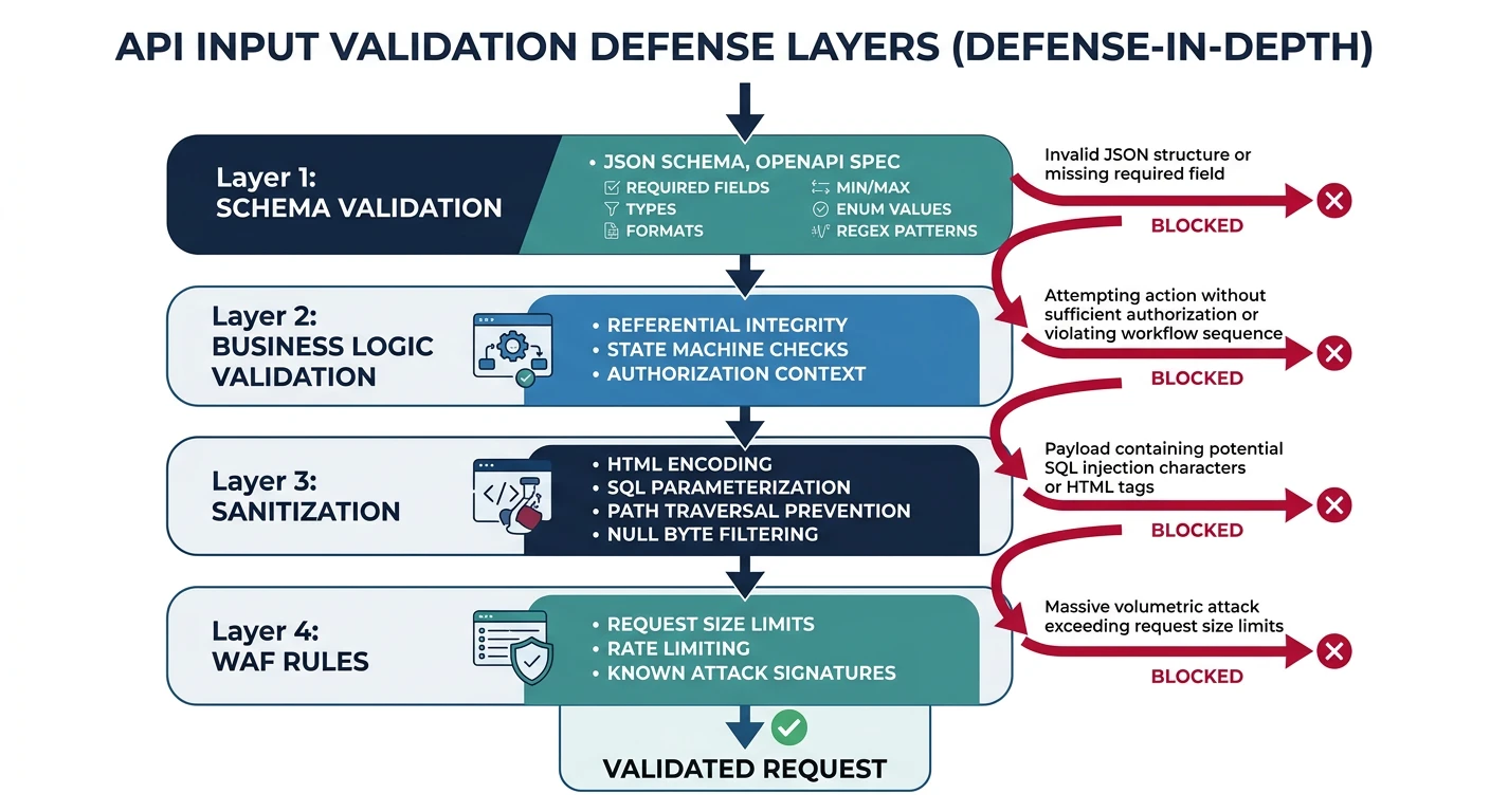 Input validation defense layers from gateway to database