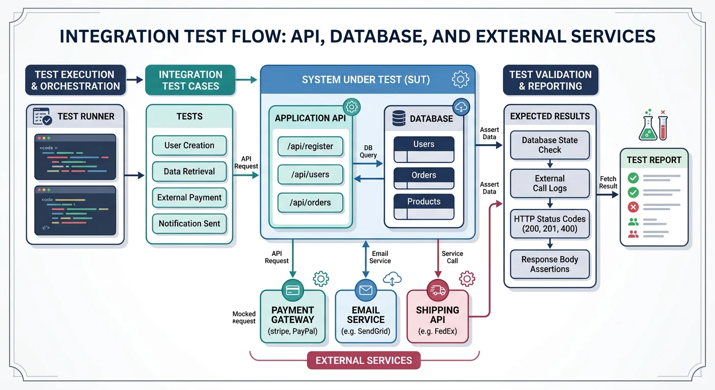 Integration test flow connecting API to database and external services