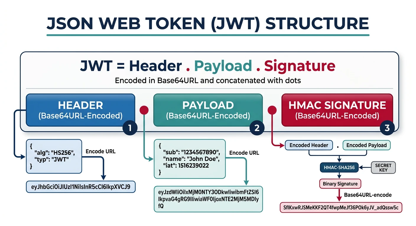 JWT token structure showing Base64URL-encoded header, payload, and HMAC signature separated by dots