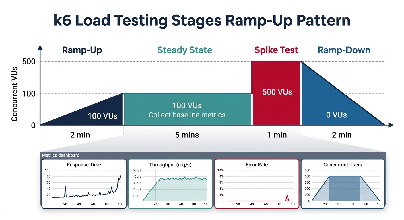 K6 load test ramp-up stages showing virtual user progression