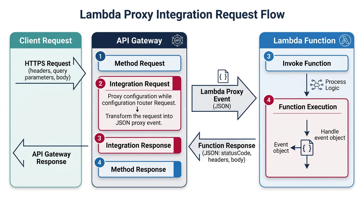 Lambda proxy integration request flow from API Gateway to Lambda function