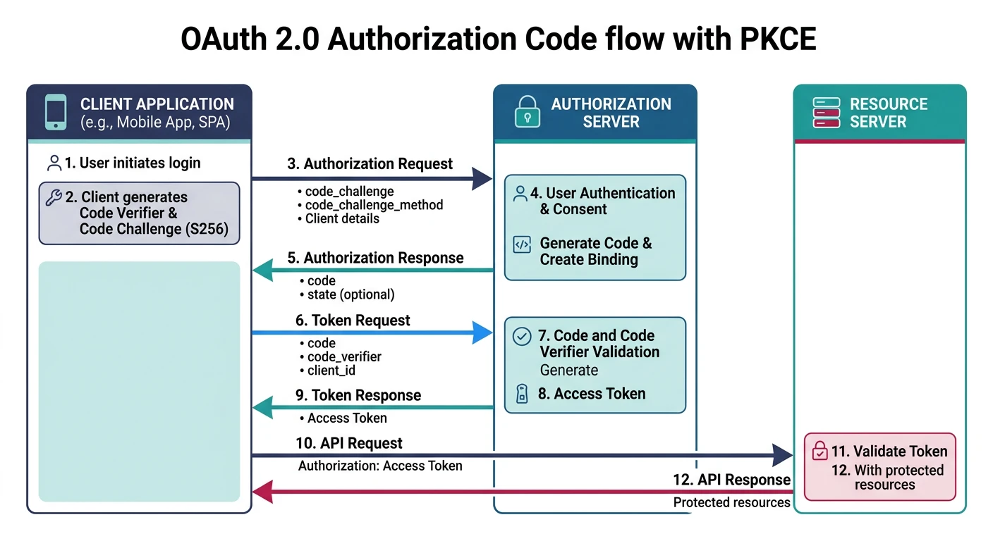 OAuth 2.0 Authorization Code flow with PKCE showing client, authorization server, and resource server interactions