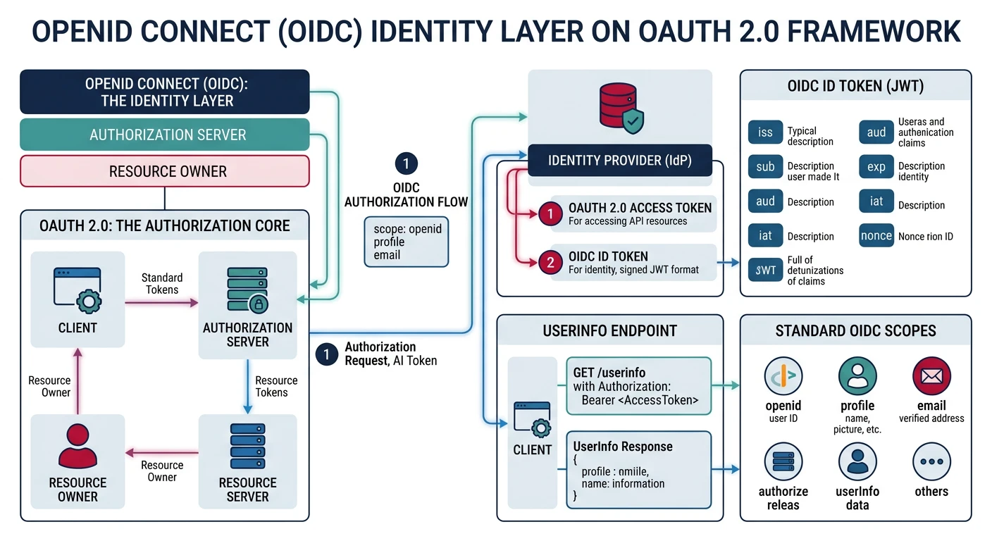 OpenID Connect identity layer on top of OAuth 2.0 showing ID token, UserInfo endpoint, and standard scopes