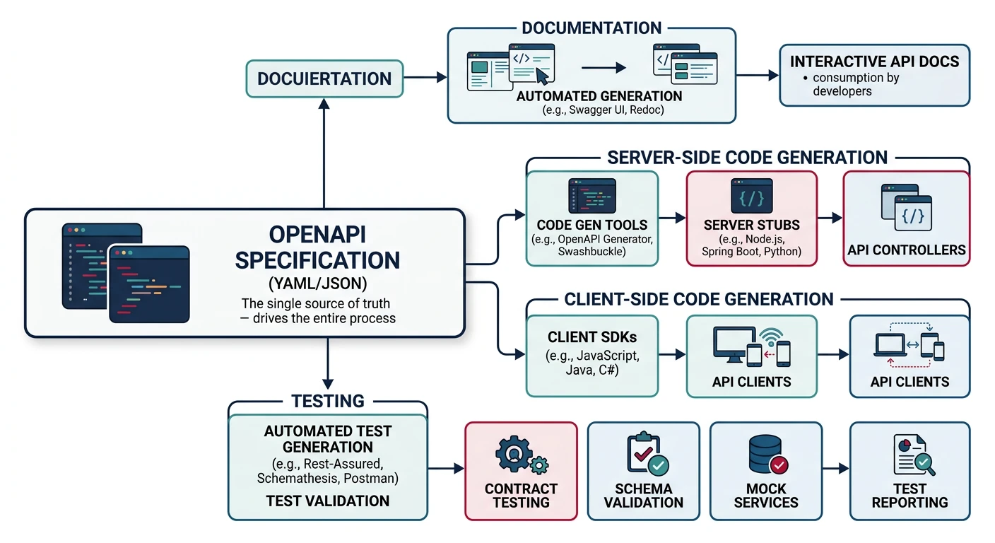 OpenAPI contract-first development workflow showing specification driving documentation, code generation, and testing