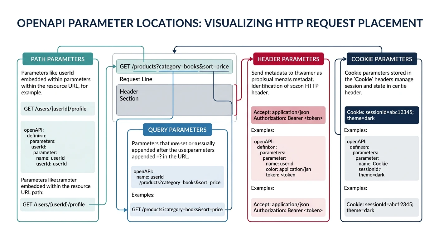 OpenAPI parameter locations showing path, query, header, and cookie parameter placement in HTTP requests