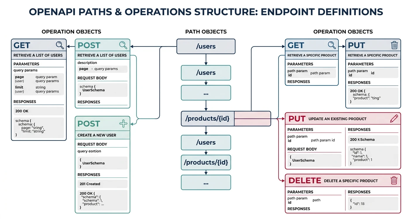 OpenAPI paths and operations structure showing endpoint definitions with GET, POST, PUT, DELETE methods