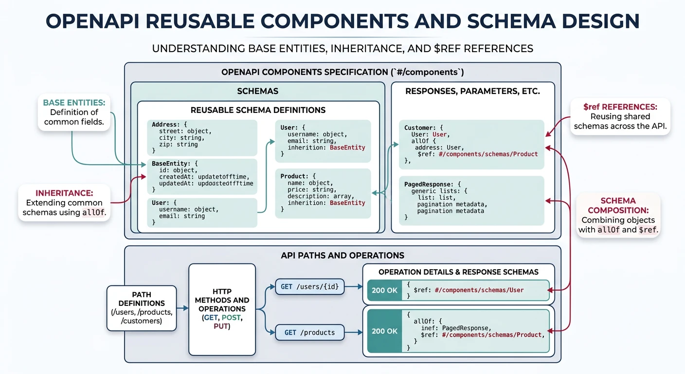 OpenAPI reusable components and schema design showing base entities, inheritance, and $ref references